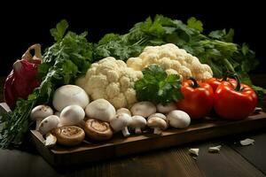 collezione mescolare fresco verdure e frutta per un' insalata. salutare dieta concetto e verdure cibo di ai generato foto