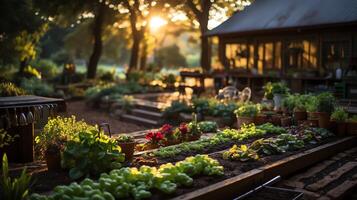 di legno Casa nel villaggio con impianti e fiori nel Giardino dietro la casa giardino. giardino e fiore su rurale Casa concetto di ai generato foto