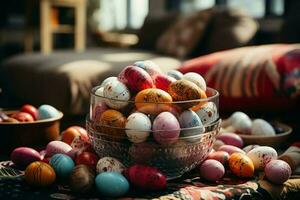 Pasqua giorno concetto nel vivente camera con coniglietto, dolci o molti colorato decorativo Pasqua uova. dipinto uova su cannuccia nido e fiore. Pasqua celebrazione. Pasqua giorno sfondo di ai generato foto