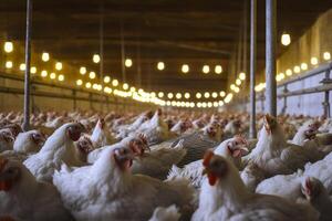 pollo azienda agricola per in crescita broiler polli per il età di uno e un' metà mesi, ai generativo foto