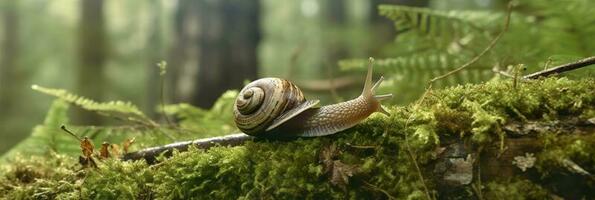 un' viaggio attraverso il foresta. avvicinamento di un' lumaca nel il foresta con naturale sfondo. ai generativo foto