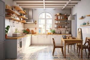 moderno cucina interno design nel appartamento o Casa con arredamento. lusso cucina casa scandinavo concetto di ai generato foto