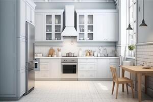 moderno cucina interno design nel appartamento o Casa con arredamento. lusso cucina casa scandinavo concetto di ai generato foto