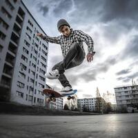 un' caucasico uomo fare trucchi o salto su un' skateboard a il strada. giovane uomo con pattinatore salto concetto di ai generato foto