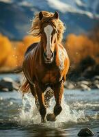 un' selvaggio cavallo in esecuzione nel il torrente. selvaggio o azienda agricola animali concetto di ai generato foto