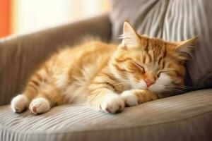 carino gatto addormentato o riposo su il divano a casa. pigro gatto addormentato su il divano. gatto giorno concetto di ai generato foto