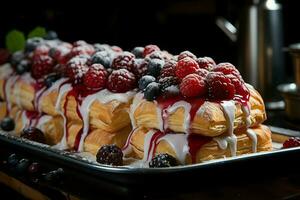 fatti in casa di delizioso Pasticcino o Pancakes con frutta danesi e ciliegia. danese Pasticcino e dolce concetto di ai generato foto