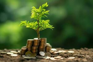 attività commerciale crescita con un' in crescita albero su un' moneta. mostrando finanziario sviluppi. finanziario pianificazione concetto di ai generato foto