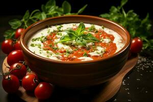 un' delizioso pomodoro la minestra cibo nel un' ciotola. inverno cibo e salutare proteina la minestra pasto concetto di ai generato foto