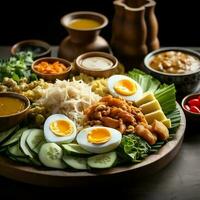 gado-gado indonesiano tradizionale cibo. mescolare a partire dal bollito o vapore verdura servito con arachide salsa concetto di ai generato foto