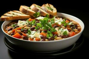 un' delizioso minestrone la minestra cibo nel un' ciotola. italiano cibo e salutare proteina la minestra pasto concetto di ai generato foto