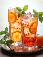 bicchiere di aperol spritz cocktail o delizioso fresco freddo arancia succo e arancia fetta. estate bevanda concetto di ai generato foto