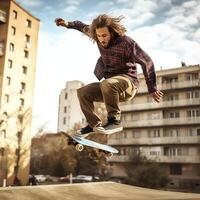 un' caucasico uomo fare trucchi o salto su un' skateboard a il strada. giovane uomo con pattinatore salto concetto di ai generato foto