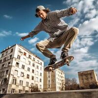 un' caucasico uomo fare trucchi o salto su un' skateboard a il strada. giovane uomo con pattinatore salto concetto di ai generato foto