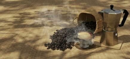 fresco caffè su il tavolo caldo crudo caffè fagioli sacco di arrostito caffè fagioli moka pentola con mano manovella caffè macinino 3d illustrazione foto