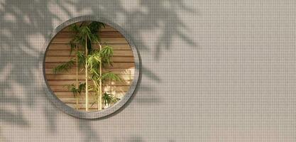 di legno parete e circolare telaio con impianti decorativo bambù copia spazio modello per pubblicità design 3d illustrazione foto