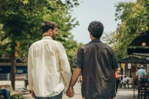 contento gay coppia baci nel il parco. lgbt gay coppia concetto. foto