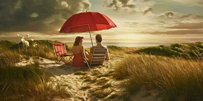 estate amore coppia, spiaggia, soleggiato giorno, sole, sfondo sfondo, surreale, scorta, generativo ai foto