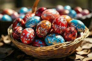 contento coniglietto con molti Pasqua uova su Pasqua giorno concetto. Pasqua giorno sfondo con coniglietto, dolci o colorato decorativo uova. dipinto uova su cannuccia nido e fiore. Pasqua celebrazione di ai generato foto