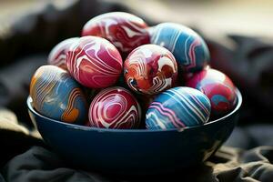 Pasqua giorno concetto nel vivente camera con coniglietto, dolci o molti colorato decorativo Pasqua uova. dipinto uova su cannuccia nido e fiore. Pasqua celebrazione. Pasqua giorno sfondo di ai generato foto