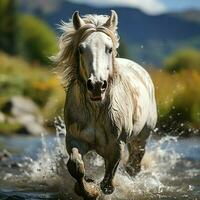 un' selvaggio cavallo in esecuzione nel il torrente. selvaggio o azienda agricola animali concetto di ai generato foto