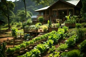 di legno Casa nel villaggio con impianti e fiori nel Giardino dietro la casa giardino. giardino e fiore su rurale Casa concetto di ai generato foto