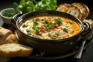 un' delizioso bouillabaisse la minestra cibo nel un' ciotola. marsiglia cibo e salutare proteina la minestra pasto concetto di ai generato foto