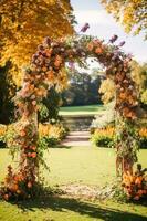 floreale decorazione, nozze arredamento e autunno vacanza celebrazione, autunnale fiori e evento decorazioni nel il inglese campagna giardino, nazione stile foto