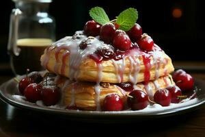 fatti in casa di delizioso Pasticcino o Pancakes con frutta danesi e ciliegia. danese Pasticcino e dolce concetto di ai generato foto