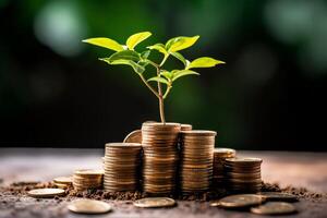 attività commerciale crescita con un' in crescita albero su un' moneta. mostrando finanziario sviluppi. finanziario pianificazione concetto di ai generato foto