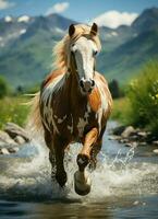 un' selvaggio cavallo in esecuzione nel il torrente. selvaggio o azienda agricola animali concetto di ai generato foto