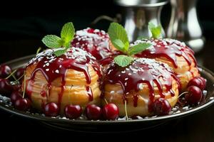 fatti in casa di delizioso Pasticcino o Pancakes con frutta danesi e ciliegia. danese Pasticcino e dolce concetto di ai generato foto