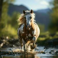 un' selvaggio cavallo in esecuzione nel il torrente. selvaggio o azienda agricola animali concetto di ai generato foto