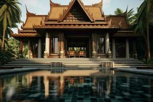 tailandese balinese lusso villa con infinito nuoto piscina. un' tropicale giardino nel ubud bali Indonesia concetto di ai generato foto