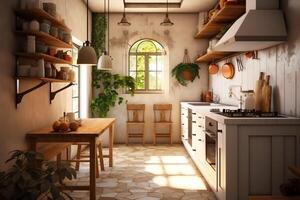 moderno cucina interno design nel appartamento o Casa con arredamento. lusso cucina casa scandinavo concetto di ai generato foto