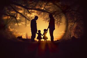 ombra di contento famiglia insieme, genitori con loro poco bambino a tramonto. un' silhouette di amore e unità. ai generativo foto