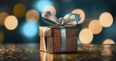 festivo regalo scatola contro bokeh sfondo. vacanza saluto carta. tipicamente Usato per compleanno, anniversario regali, regalo carte, inviare carte. ai generativo foto