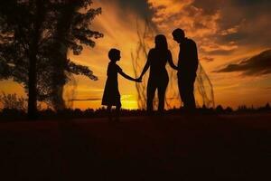 ombra di contento famiglia insieme, genitori con loro poco bambino a tramonto. un' silhouette di amore e unità. ai generativo foto