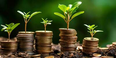 ai generato. ai generativo. in crescita finanza i soldi azione investire monete vaso con verde pianta. grafico arte foto