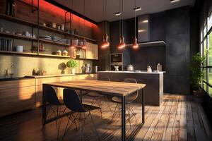 moderno cucina interno design nel appartamento o Casa con arredamento. lusso cucina casa scandinavo concetto di ai generato foto