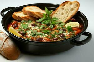 un' delizioso minestrone la minestra cibo nel un' ciotola. italiano cibo e salutare proteina la minestra pasto concetto di ai generato foto