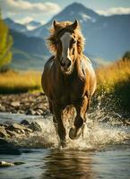 un' selvaggio cavallo in esecuzione nel il torrente. selvaggio o azienda agricola animali concetto di ai generato foto