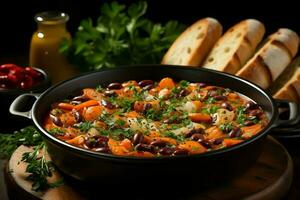 un' delizioso minestrone la minestra cibo nel un' ciotola. italiano cibo e salutare proteina la minestra pasto concetto di ai generato foto