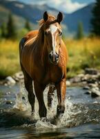 un' selvaggio cavallo in esecuzione nel il torrente. selvaggio o azienda agricola animali concetto di ai generato foto