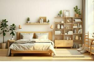 moderno Camera da letto interno design nel appartamento o Casa con arredamento. lusso Camera da letto scandinavo concetto di ai generato foto