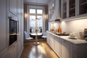 moderno cucina interno design nel appartamento o Casa con arredamento. lusso cucina casa scandinavo concetto di ai generato foto