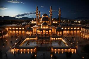 eccezionale edifici di moschea nel Ramadan vibrazioni. Ramadan kareem eid mubarak islamico moschea concetto di ai generato foto