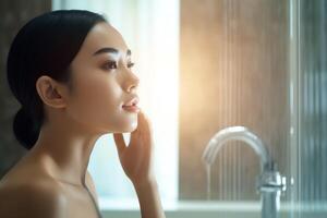 attraente freschezza asiatico donna pulito viso fresco acqua con cura Guarda per specchio nel bagno casa concetto di ai generato foto