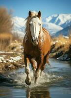 un' selvaggio cavallo in esecuzione nel il torrente. selvaggio o azienda agricola animali concetto di ai generato foto