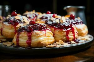 fatti in casa di delizioso Pasticcino o Pancakes con frutta danesi e ciliegia. danese Pasticcino e dolce concetto di ai generato foto